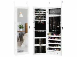 Giantex Armoire à Bijoux Mural Avec Miroir Et Led Accrochée à La Porte Avec Serrure Verrouillable Blanc
