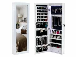 Miroir Coffre à Bijoux étagère Murale 4 Couches En Bois Avec Miroir Non Complet, 2 Tiroirs, 8 Lumières Led Bleues, Armoire De Rangement Pour Bijoux