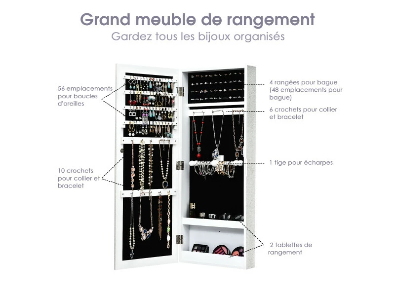 Giantex Armoire à Bijoux Avec Miroir Murale Cabinet De Bijoux Stockage Blanc 5 Giantex Armoire à Bijoux Avec Miroir Murale Cabinet De Bijoux Stockage Blanc – Image 3