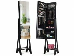 Armoire à Bijoux Avec 12 Led Sur Pied Doublure Intérieure En Velours Angle Réglable 36 × 33,4 X 154 Cm Noir