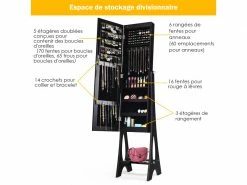 Armoire à Bijoux Avec 12 Led Sur Pied Doublure Intérieure En Velours Angle Réglable 36 × 33,4 X 154 Cm Noir -MIROIR Soldes Magasin G CNF B84962897 E