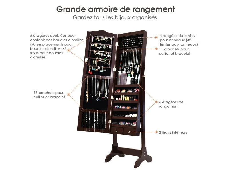 Giantex Armoire à Bijoux Sur Pied Avec 14 Lampes Led, Verrouillable, Réglable à 4 Angles Avec 2 Tiroirs Marron 5 Giantex Armoire à Bijoux Sur Pied Avec 14 Lampes Led, Verrouillable, Réglable à 4 Angles Avec 2 Tiroirs Marron – Image 3