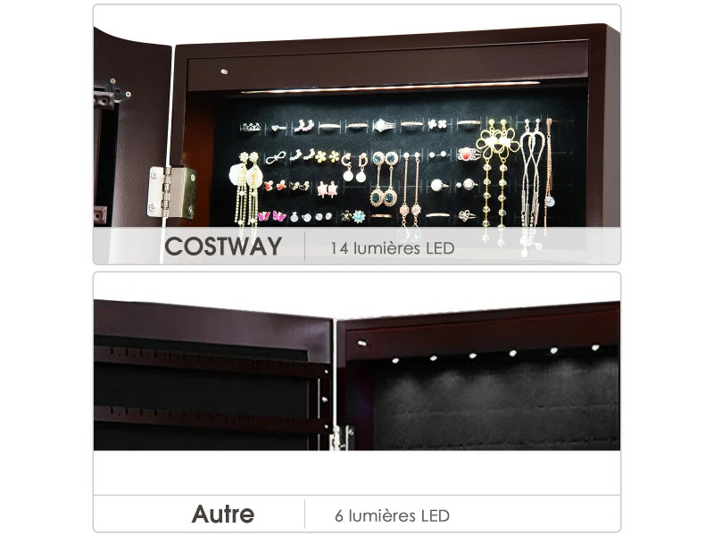 Giantex Armoire à Bijoux Sur Pied Avec 14 Lampes Led, Verrouillable, Réglable à 4 Angles Avec 2 Tiroirs Marron 6 Giantex Armoire à Bijoux Sur Pied Avec 14 Lampes Led, Verrouillable, Réglable à 4 Angles Avec 2 Tiroirs Marron – Image 4