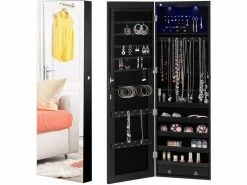 Costway Armoire à Bijoux Avec éclairage Led, Miroir Plein Sans Cadre Et 2 Tiroirs, Fixer Au Mur Ou à Suspendre Sur Porte, Pour Ranger Boucles D’oreilles Et Colliers (noir)