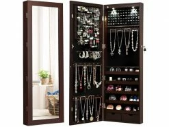 Costway Armoire à Bijoux Murale Avec Lumières Led Et Miroir,rangement Avec Miroir Plein Longueur Sur Le Miroir,autoportante Verrouillable Avec Crochet De Collier, Avec Serrure Et Clés (brun)