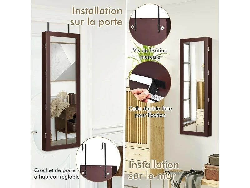 Costway Armoire à Bijoux Murale Avec Lumières Led Et Miroir,rangement Avec Miroir Plein Longueur Sur Le Miroir,autoportante Verrouillable Avec Crochet De Collier, Avec Serrure Et Clés (brun) 4 Costway Armoire à Bijoux Murale Avec Lumières Led Et Miroir,rangement Avec Miroir Plein Longueur Sur Le Miroir,autoportante Verrouillable Avec Crochet De Collier, Avec Serrure Et Clés (brun) – Image 2