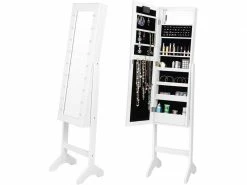 Costway Armoire à Bijoux Sur Pied,blanc,rangemen Avec Miroir Plein Longueur & Lumières Led Sur Le Miroir, Avec Serrure Et Clés