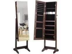 Costway Armoire à Bijoux Sur Pied,rangement Avec Miroir Plein Longueur Sur Le Miroir, Miroir Sur Pieds Verrouillable Avec Crochet De Collier, Avec Serrure Et Clés,5 Etagères (marron)