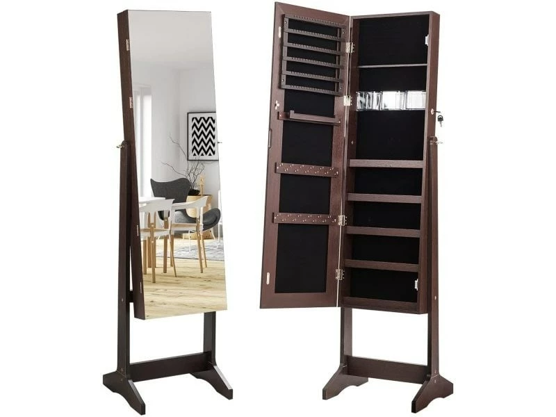 Costway Armoire à Bijoux Sur Pied,rangement Avec Miroir Plein Longueur Sur Le Miroir, Miroir Sur Pieds Verrouillable Avec Crochet De Collier, Avec Serrure Et Clés,5 Etagères (marron) 3 Costway Armoire à Bijoux Sur Pied,rangement Avec Miroir Plein Longueur Sur Le Miroir, Miroir Sur Pieds Verrouillable Avec Crochet De Collier, Avec Serrure Et Clés,5 Etagères (marron)
