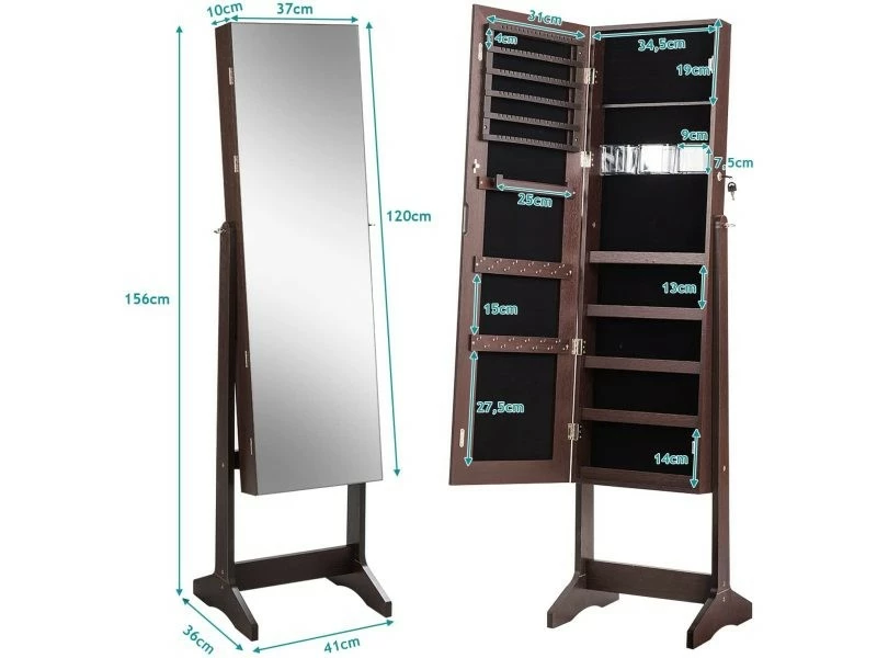 Costway Armoire à Bijoux Sur Pied,rangement Avec Miroir Plein Longueur Sur Le Miroir, Miroir Sur Pieds Verrouillable Avec Crochet De Collier, Avec Serrure Et Clés,5 Etagères (marron) 5 Costway Armoire à Bijoux Sur Pied,rangement Avec Miroir Plein Longueur Sur Le Miroir, Miroir Sur Pieds Verrouillable Avec Crochet De Collier, Avec Serrure Et Clés,5 Etagères (marron) – Image 3
