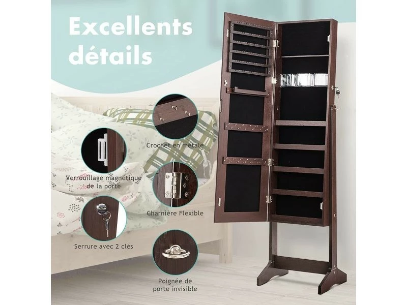 Costway Armoire à Bijoux Sur Pied,rangement Avec Miroir Plein Longueur Sur Le Miroir, Miroir Sur Pieds Verrouillable Avec Crochet De Collier, Avec Serrure Et Clés,5 Etagères (marron) 7 Costway Armoire à Bijoux Sur Pied,rangement Avec Miroir Plein Longueur Sur Le Miroir, Miroir Sur Pieds Verrouillable Avec Crochet De Collier, Avec Serrure Et Clés,5 Etagères (marron) – Image 5