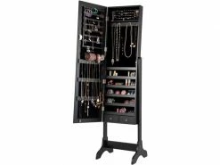 Costway Armoire à Bijoux Sur Pied Avec Miroir Inclinable En 4 Positions, Noir,armoire De Rangement Cosmétiques Verrouillable De Grande Capacité