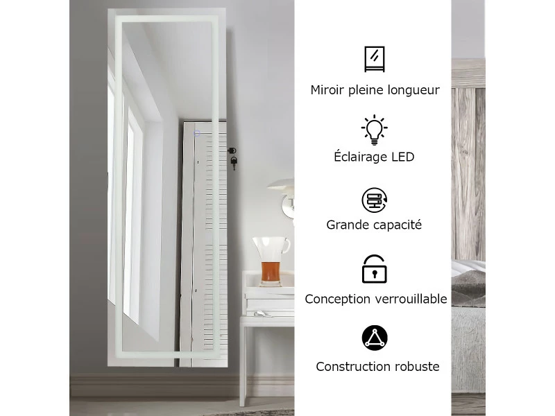 Armoire à Bijoux Avec Ecran Tactile, Lumineux Led, Verrouillable Rangement Pour Bijoux Et Cosmétiques Blanc 6 Armoire à Bijoux Avec Ecran Tactile, Lumineux Led, Verrouillable Rangement Pour Bijoux Et Cosmétiques Blanc – Image 4