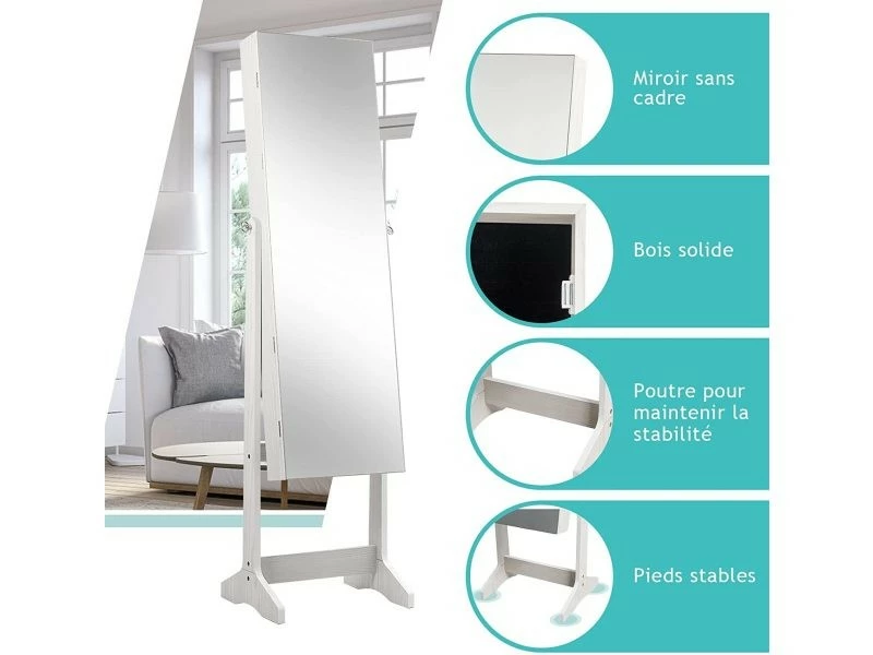Costway Armoire à Bijoux Sur Pied,rangement Avec Miroir Plein Longueur Sur Le Miroir, Miroir Sur Pieds Verrouillable Avec Crochet De Collier, Avec Serrure Et Clés,5 Etagères (blanc) 5 Costway Armoire à Bijoux Sur Pied,rangement Avec Miroir Plein Longueur Sur Le Miroir, Miroir Sur Pieds Verrouillable Avec Crochet De Collier, Avec Serrure Et Clés,5 Etagères (blanc) – Image 3
