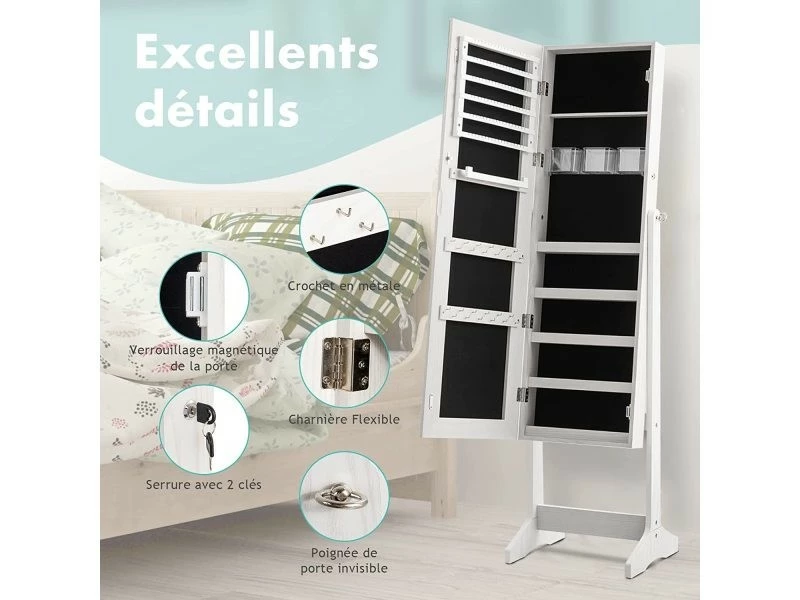 Costway Armoire à Bijoux Sur Pied,rangement Avec Miroir Plein Longueur Sur Le Miroir, Miroir Sur Pieds Verrouillable Avec Crochet De Collier, Avec Serrure Et Clés,5 Etagères (blanc) 6 Costway Armoire à Bijoux Sur Pied,rangement Avec Miroir Plein Longueur Sur Le Miroir, Miroir Sur Pieds Verrouillable Avec Crochet De Collier, Avec Serrure Et Clés,5 Etagères (blanc) – Image 4