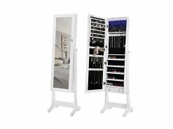 SONGMICS LED Armoire à Bijoux Armoire De Rangement Sur Pieds Avec Serrure Miroir Toute-Longueur 4 Étagères 2 Tiroirs Blanc JBC94W