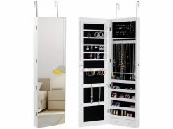 Costway Armoire à Bijoux Avec éclairage Led, Miroir Plein Sans Cadre Et 2 Tiroirs, Fixer Au Mur Ou à Suspendre Sur Porte, Pour Ranger Boucles D’oreilles Et Colliers Blanc