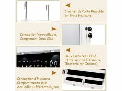 Costway Armoire à Bijoux Avec éclairage Led, Miroir Plein Sans Cadre Et 2 Tiroirs, Fixer Au Mur Ou à Suspendre Sur Porte, Pour Ranger Boucles D’oreilles Et Colliers Blanc -MIROIR Soldes Magasin G CNF N63194826 D