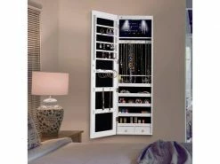 Costway Armoire à Bijoux Avec éclairage Led, Miroir Plein Sans Cadre Et 2 Tiroirs, Fixer Au Mur Ou à Suspendre Sur Porte, Pour Ranger Boucles D’oreilles Et Colliers Blanc -MIROIR Soldes Magasin G CNF N63194826 E