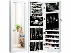 Costway Armoire à Bijoux Murale Avec Lumières Led Et Miroir,rangement Avec Miroir Plein Longueur Sur Le Miroir,autoportante Verrouillable Avec Crochet De Collier, Avec Serrure Et Clés (blanc)