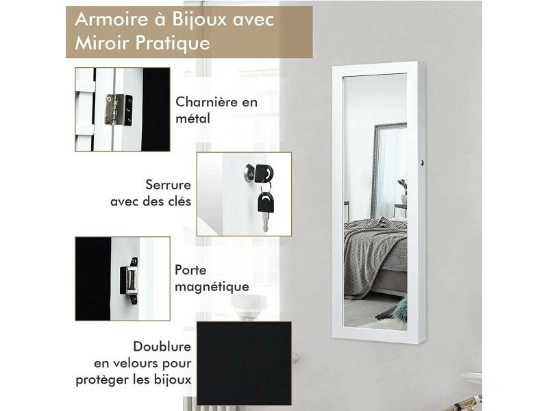 Costway Armoire à Bijoux Murale Avec Lumières Led Et Miroir,rangement Avec Miroir Plein Longueur Sur Le Miroir,autoportante Verrouillable Avec Crochet De Collier, Avec Serrure Et Clés (blanc) 4 Costway Armoire à Bijoux Murale Avec Lumières Led Et Miroir,rangement Avec Miroir Plein Longueur Sur Le Miroir,autoportante Verrouillable Avec Crochet De Collier, Avec Serrure Et Clés (blanc) – Image 2