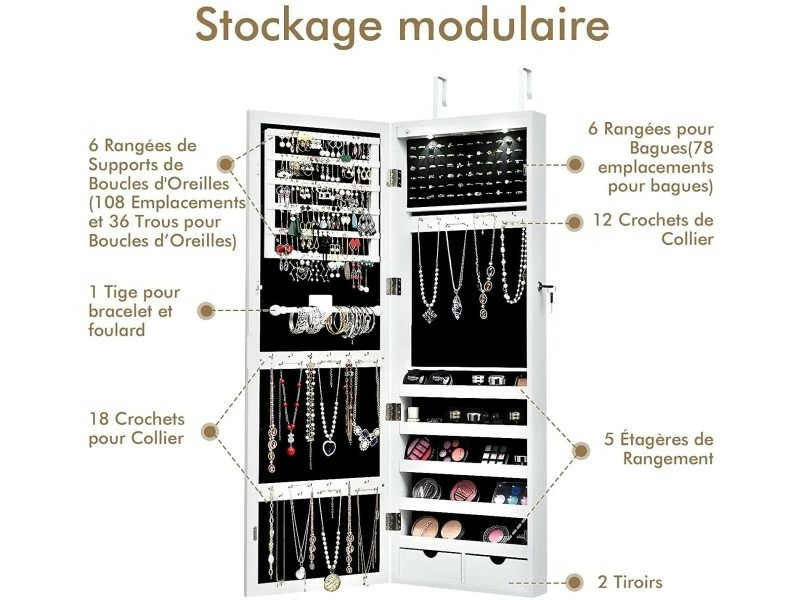 Costway Armoire à Bijoux Murale Avec Lumières Led Et Miroir,rangement Avec Miroir Plein Longueur Sur Le Miroir,autoportante Verrouillable Avec Crochet De Collier, Avec Serrure Et Clés (blanc) 5 Costway Armoire à Bijoux Murale Avec Lumières Led Et Miroir,rangement Avec Miroir Plein Longueur Sur Le Miroir,autoportante Verrouillable Avec Crochet De Collier, Avec Serrure Et Clés (blanc) – Image 3