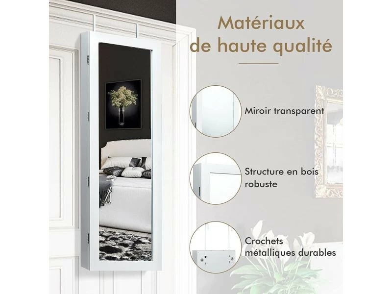 Costway Armoire à Bijoux Murale Avec Lumières Led Et Miroir,rangement Avec Miroir Plein Longueur Sur Le Miroir,autoportante Verrouillable Avec Crochet De Collier, Avec Serrure Et Clés (blanc) 7 Costway Armoire à Bijoux Murale Avec Lumières Led Et Miroir,rangement Avec Miroir Plein Longueur Sur Le Miroir,autoportante Verrouillable Avec Crochet De Collier, Avec Serrure Et Clés (blanc) – Image 5