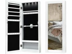 Costway Armoire à Bijoux Mural Avec Miroir, Armoire De Rangement Accrochée à Porte, Mdf, 35 X 9 X 88cm Blanche Avec Flash Argenté