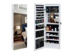 Armoire à Bijoux Murale 4 Couches En Bois Avec Miroir Complet 2 Tiroirs Avec Miroir Intérieur 8 Armoire De Rangement Pour Bijoux à Lumière Led Bleue