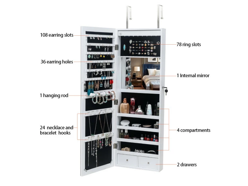 Armoire à Bijoux Murale 4 Couches En Bois Avec Miroir Complet 2 Tiroirs Avec Miroir Intérieur 8 Armoire De Rangement Pour Bijoux à Lumière Led Bleue 5 Armoire à Bijoux Murale 4 Couches En Bois Avec Miroir Complet 2 Tiroirs Avec Miroir Intérieur 8 Armoire De Rangement Pour Bijoux à Lumière Led Bleue – Image 3