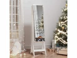 SONGMICS Armoire à Bijoux, Sur Pieds, Avec 8 Ampoules LED, Miroir Psyché Sans Cadre, Avec Serrure, 6 Tiroirs, Plaque Pour Boucles D’Oreilles, Blanc JBC89WT