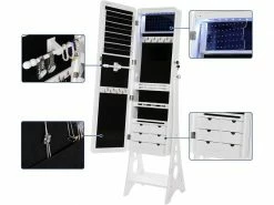 SONGMICS Armoire à Bijoux, Sur Pieds, Avec 8 Ampoules LED, Miroir Psyché Sans Cadre, Avec Serrure, 6 Tiroirs, Plaque Pour Boucles D’Oreilles, Blanc JBC89WT -MIROIR Soldes Magasin G CNF S41470906 D
