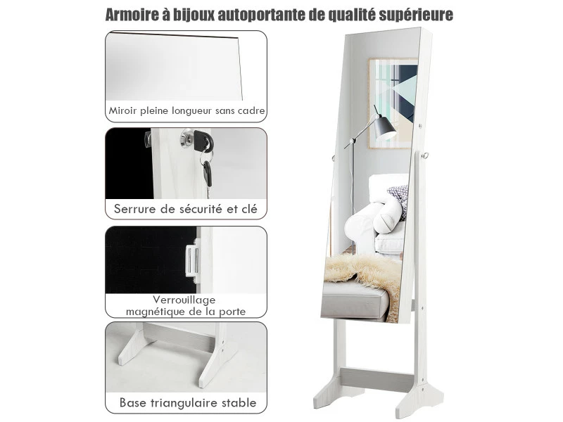 Armoire à Bijoux Avec Grand Miroir Psychéverrouillable Réglable Sur 3 Positions Blanc 4 Armoire à Bijoux Avec Grand Miroir Psychéverrouillable Réglable Sur 3 Positions Blanc – Image 2