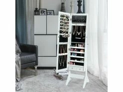 Giantex Armoire à Bijoux Sur Pied Avec Led, Serrure Verrouillable, Rangement Cosmétique Angles Réglables Blanc