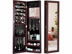 Costway Armoire à Bijoux Mural Avec Miroir Et 3 Niveaux D’étagère Intégrée,marron,armoire De Rangement Cosmétiques Accrochée à La Porte