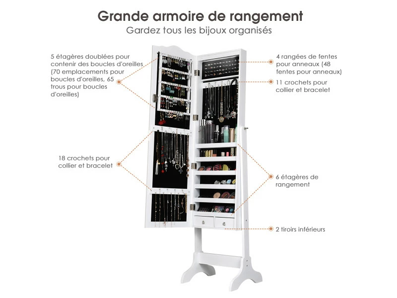Giantex Armoire à Bijoux Sur Pied Avec 14 Lampes Led, Verrouillable, Réglable à 4 Angles Avec 2 Tiroirs 4 Giantex Armoire à Bijoux Sur Pied Avec 14 Lampes Led, Verrouillable, Réglable à 4 Angles Avec 2 Tiroirs – Image 2